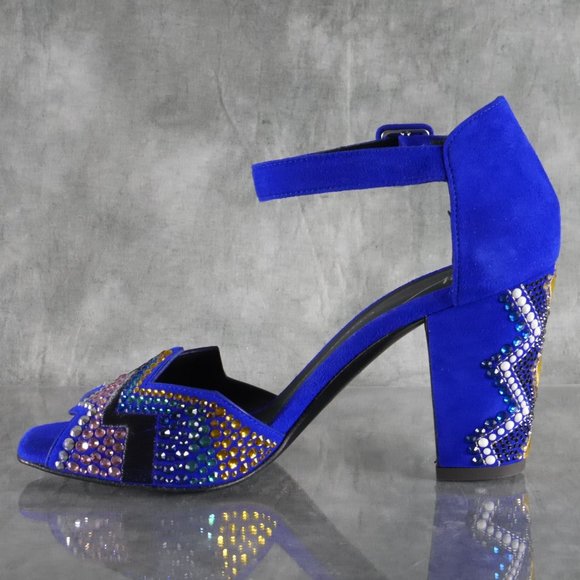 Giuseppe Zanotti LAVINIA Blue Suede Crystal Peep Toe Heels Size 7* US 37 EU S1E1 - Picture 2 of 12